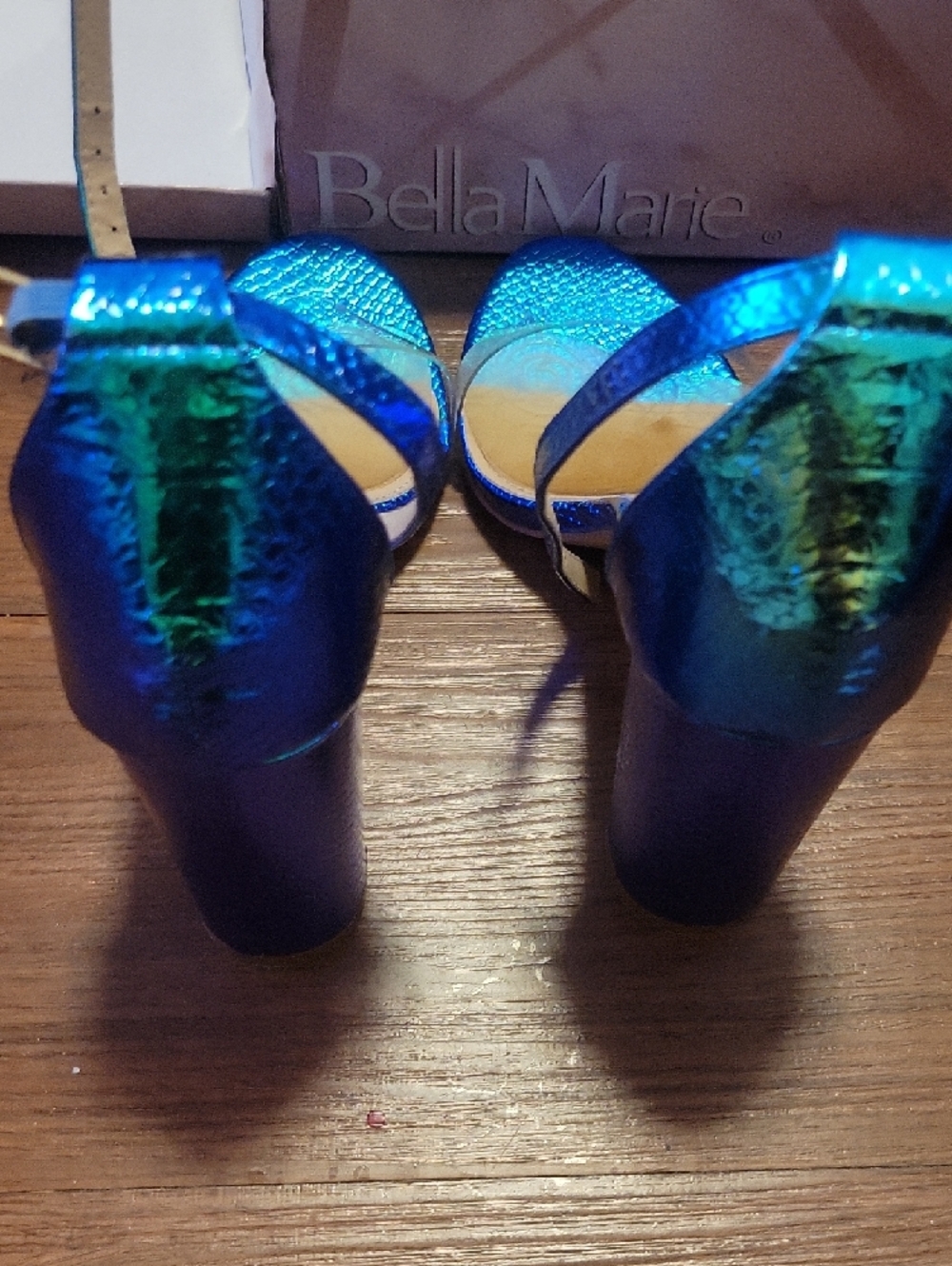 Bella Marie Iridescent Blue Green Block Heel Sandals - Picture 3 of 5